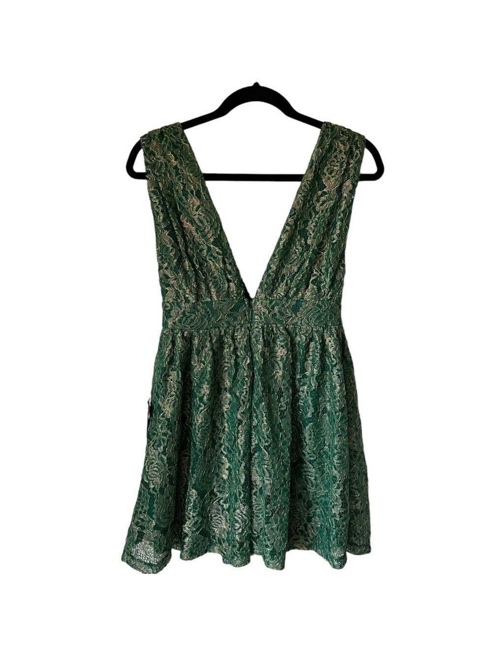 Lulus Tawny Green Metallic Skater Dress Floral Lace Deep V-Neck Size Small NWT - Picture 4 of 14